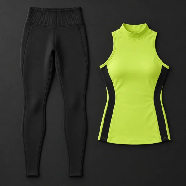 Lime high-neck sports top and black high-waisted leggings