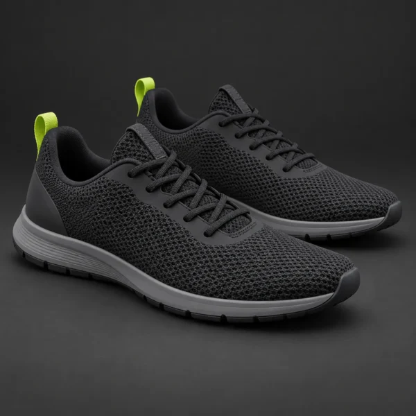 Black low-profile woven trainers with grey soles and lime heel tabs