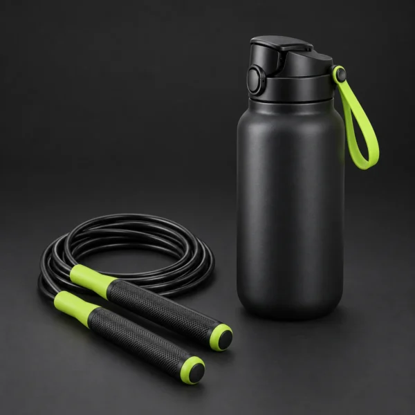 Black flip-top gym bottle and coiled skipping rope