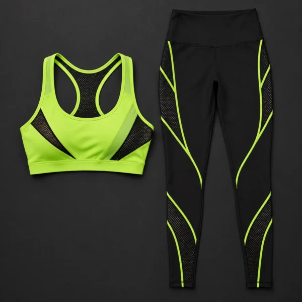 Lime racerback top with black mesh panels and black leggings